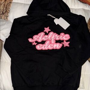 Aelfric Eden Black and pink Hoodie with puff Pink Star logo front & back. NEW. S